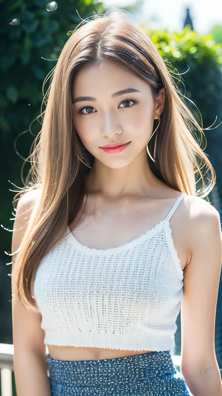 Japanese Girls、abroad、((highest quality,masterpiece,超A high resolution)),(Realistic:1.4),1 girl,Head to Knee,Dynamic posture,Adult face,slim,thin、(smile),(Shiny skin),(overview,frontage,Twilight),Gray Hair,Long white hair,Rainbow Eyes,Large Breasts,Top Fashion,mini skirt),(Clear Eyes),(Beautiful nose),(Transparent lips),(Fair skin),(Ultra-realistic woven texture)