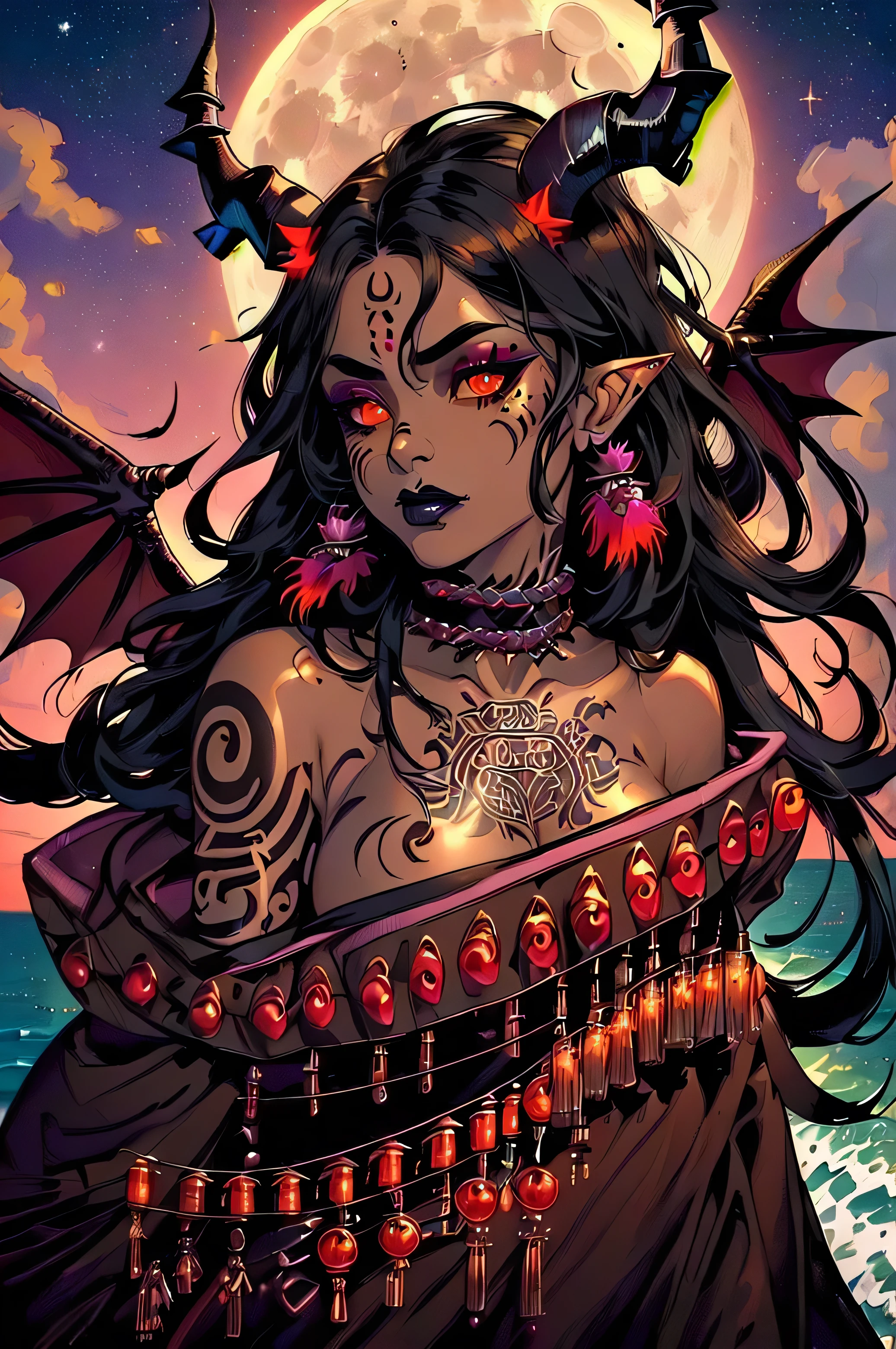 AotearoaMatariki, 1girl, solo, long hair, tattoo, facial tattoo, black lipstick, dragon wings, dragon tail, horns, busty, big breasts, chin tattoo, tribal tattoo, Maori, polynesian, tan skin, tan skinned female, black hair, covered, shirt, glowing eyes, fission, brown eyes, jewelry, upper body, makeup, lipstick, cloak, feathered cloak, covered, tribal dress, demon wings, outdoors, by the ocean, dusk, moon, night sky, stars, glowing, magic,  4 point perspective, vantage point, embers,  