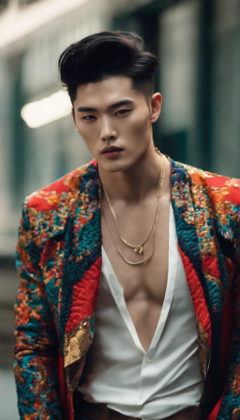 Fashion photo of Korean male model with black undercut hair, wearing colorful trend jacket sixpack exposed belly in flash cinematic style