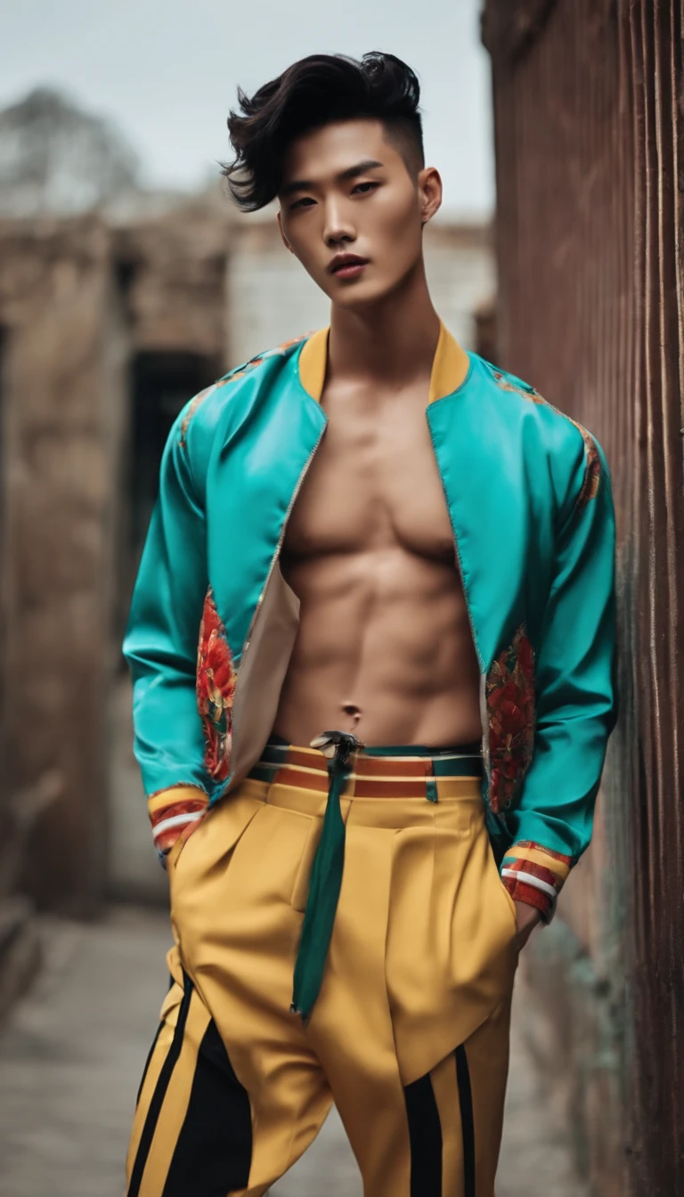 Fashion photo of Korean male model with black undercut hair, wearing colorful trend jacket sixpack exposed belly in flash cinematic style