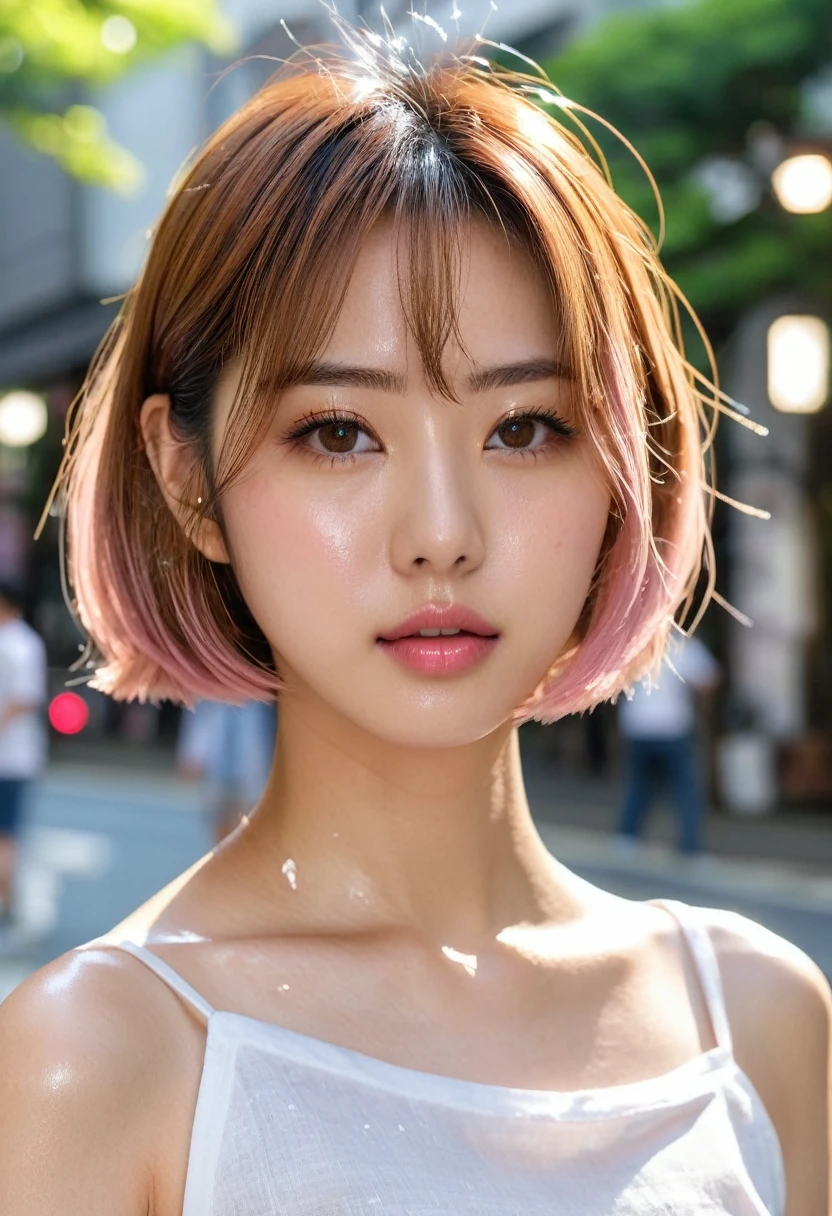23 years old Japanese Beauty woman Tokyo Street Full body portrait Light brown hair high resolution Uncle Preference looking at the camera A look of expectation Cute Straight Bob Glossy face Wet, shiny skin 8K Photo, highest quality, masterpiece, Realistic, Realistic clavicle Pointed pale pink lips Botanical Chiffon Tops for Women, Casual White jeans