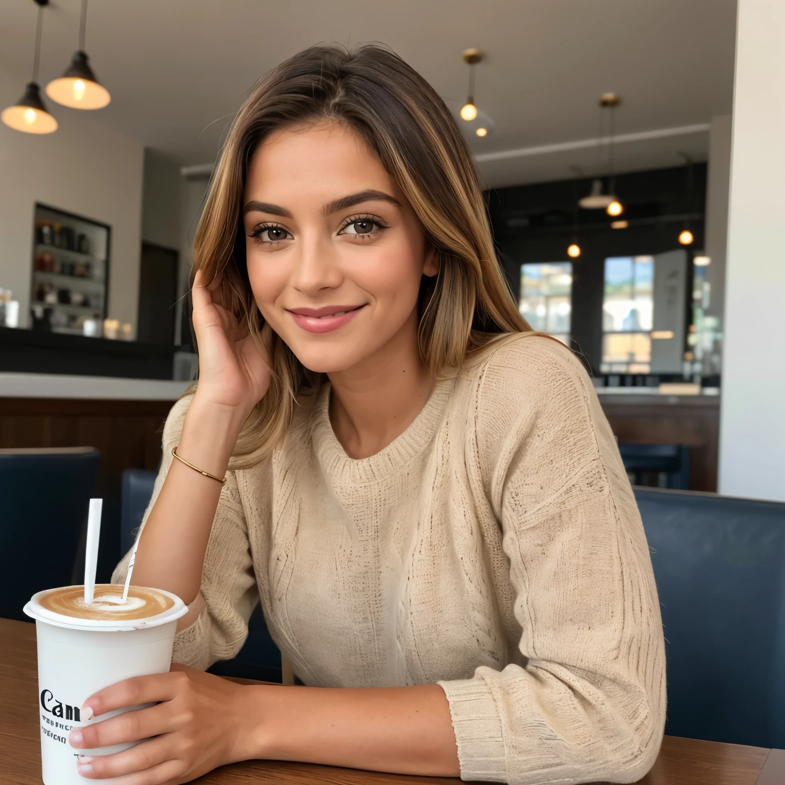 Photograph of Beautiful brunette with blonde highlights wearing a beige sweater (in a café drinking soda), Very detailed, 22 s, Rosto inocente, Mama 32D, usando um vestido preto, cabelos ondulados naturais, olhos preto, high resolution, master part, best quality, Alto detalhe intrincado, altamente detalhado, Crisp Focus, pele detalhada, textura de pele realista, textura, olhos detalhados, profissional, 4k, sorriso encantador, filmado na Canon, 85 millimeters, profundidade de campo rasa, Cor Kodak Vision, corpo de ajuste perfeito, extremamente detalhado, fotografia_\(Ultra\), photoreallistic, Realista, Post-processing, maximum details, rugosidade, vida real, Ultra realista, fotorrealismo, fotografia, 8k UHD, fotografia