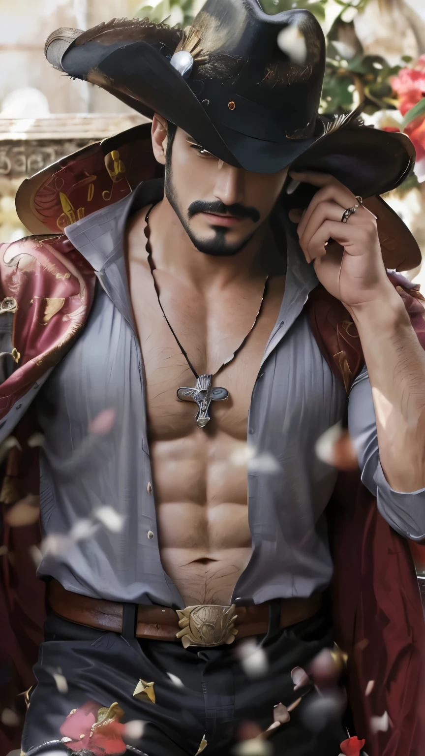 (masterpiece), (Realistic), (Super detailed), ( high quality), (photoRealistic), (Perfect Face), (Perfect Anatomy), (((male))), (((male))), (((Spanish))), (((30 years old))), (((Muscular))), (((alone))), Dracule Mihawk from one piece, Dracule Mihawk, (((Short Hairstyles))), Black mustache, Blackbeard, Wearing a cowboy hat, The characters&#39; faces are filled with anger