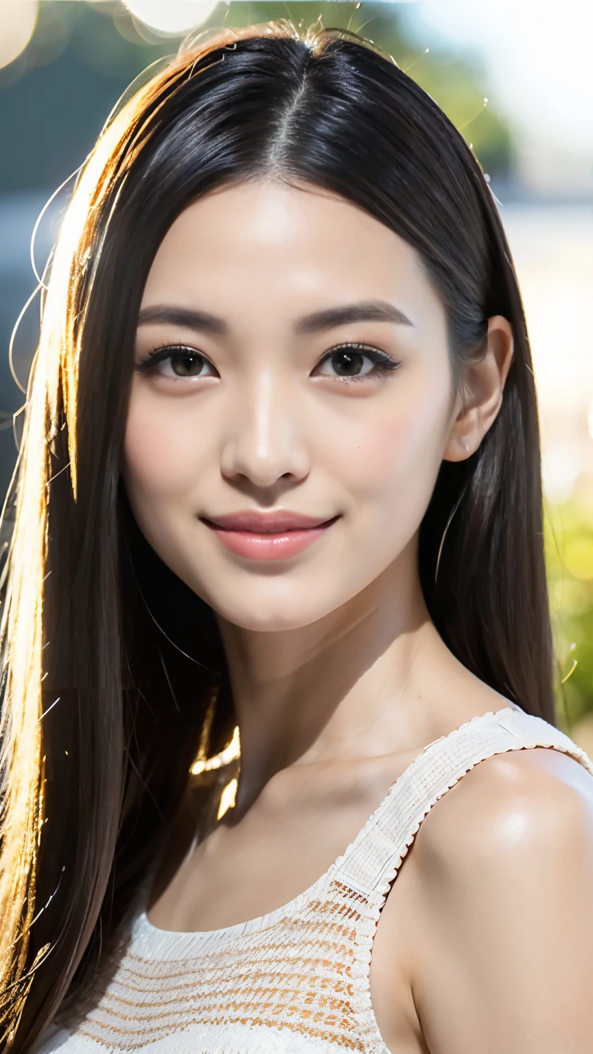 Japanese Girls、abroad、((highest quality,masterpiece,超A high resolution)),(Realistic:1.4),1 girl,Head to Knee,Dynamic posture,Adult face,slim,thin、(smile),(Shiny skin),(overview,frontage,Twilight),Gray Hair,Long white hair,Rainbow Eyes,Large Breasts,Top Fashion,mini skirt),(Clear Eyes),(Beautiful nose),(Transparent lips),(Fair skin),(Ultra-realistic woven texture)