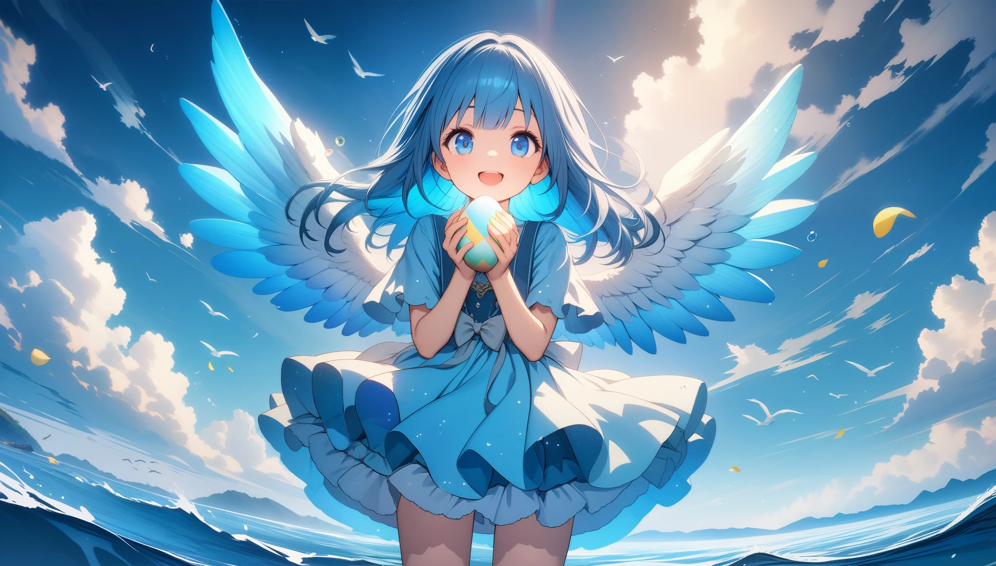 32k, best quality, ultra high res, HDR, UHD, extremely detailed CG, unity 32k wallpaper, A world full of eggs, 16 years old, Holding a rainbow-colored egg in both hands, Very cute girl, Blue Hair, blue eyes, A beautiful and cute blue dress, from the front, A very beautiful sea background, Standing on the water, Particles that glow blue, bird, cloud, Egg with wings, Close your mouth and smile happily, 