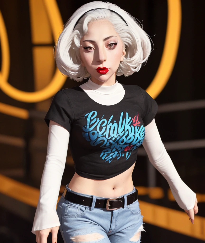 The face of Lady Gaga, 1girl, solo, standing, black t-shirt, white shirt, blue jeans, belt, lipstick, large breasts, layered sleeves