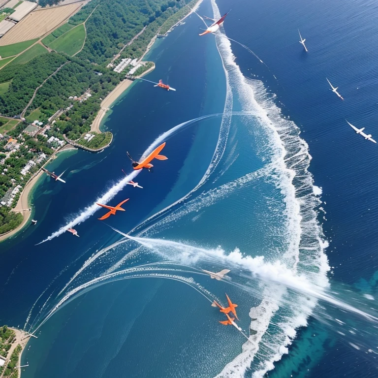 Many carp streamers fly over Japan and Japan Air Self-Defense Force fighter jets chase them