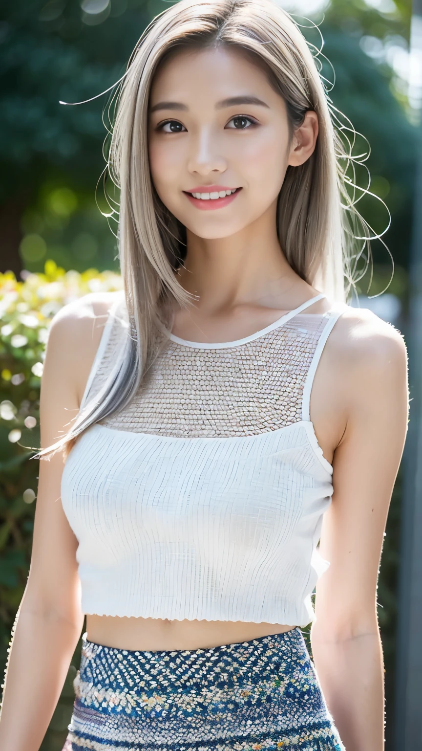 Japanese Girls、abroad、((highest quality,masterpiece,超A high resolution)),(Realistic:1.4),1 girl,Head to Knee,Dynamic posture,Adult face,slim,thin、(smile),(Shiny skin),(overview,frontage,Twilight),Gray Hair,Long white hair,Rainbow Eyes,Large Breasts,Top Fashion,mini skirt),(Clear Eyes),(Beautiful nose),(Transparent lips),(Fair skin),(Ultra-realistic woven texture)