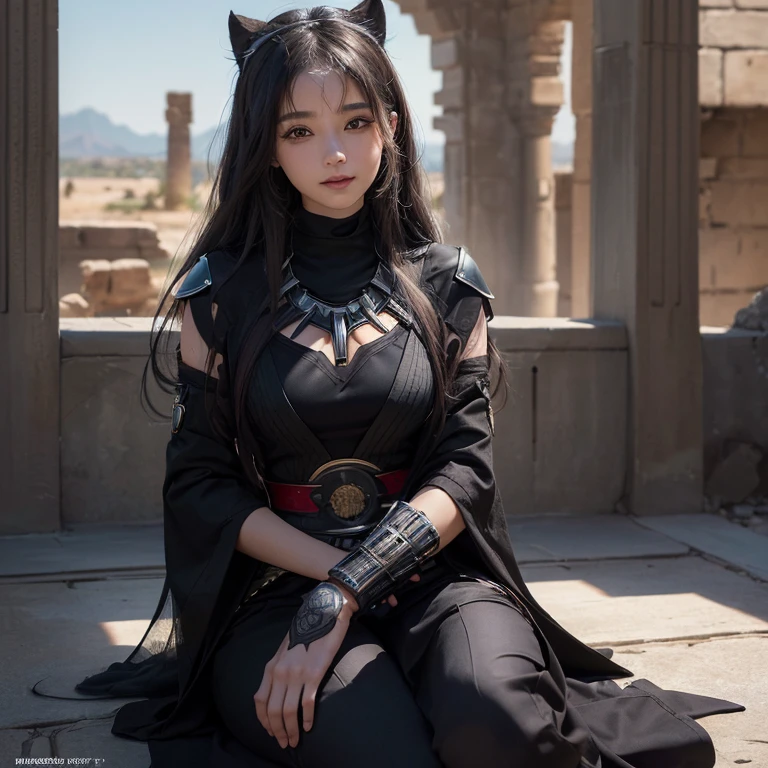 Praying in the desert、Hair flow、 ((highest quality、masterpiece、8k、Best image quality、Ultra-high resolution、Award-winning works)、(Accurate anatomy:1.1)、(Look at me and smile:1.1)、Shining fair skin with Ultra-high resolution、The most detailed face、Ultra-high resolution detailed face、Ultra-high resolutionの髪の毛、(Ultra-high resolutionの煌めく瞳:1.1)、Beautiful face drawn in every detail、(Blurred Background:1.1)、Ancient Islamic clothing,tattoo, Old ruins in the background、Sitting black panther