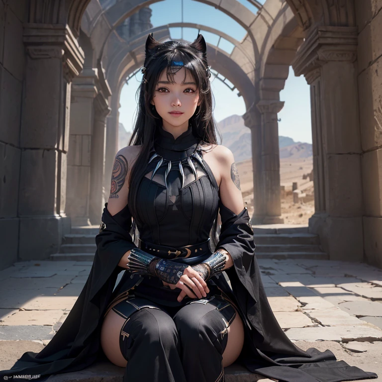 Praying in the desert、Hair flow、 ((highest quality、masterpiece、8k、Best image quality、Ultra-high resolution、Award-winning works)、(Accurate anatomy:1.1)、(Look at me and smile:1.1)、Shining fair skin with Ultra-high resolution、The most detailed face、Ultra-high resolution detailed face、Ultra-high resolutionの髪の毛、(Ultra-high resolutionの煌めく瞳:1.1)、Beautiful face drawn in every detail、(Blurred Background:1.1)、Ancient Islamic clothing,tattoo, Old ruins in the background、Sitting black panther 
