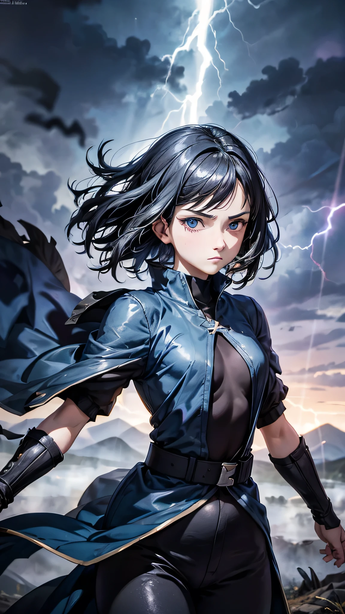 1girl, highly detailed, masterpiece, best quality, correct hands, small breasts, short black hair, short hair, blue eyes, black robe, black pants, blue shirt, purple vest, defined curves, smug look, satisfied look, mountain background, storm, lightning, stormy atmosphere, flying, floating above the ground, surrounded by lightning, static sparks, holding a sword