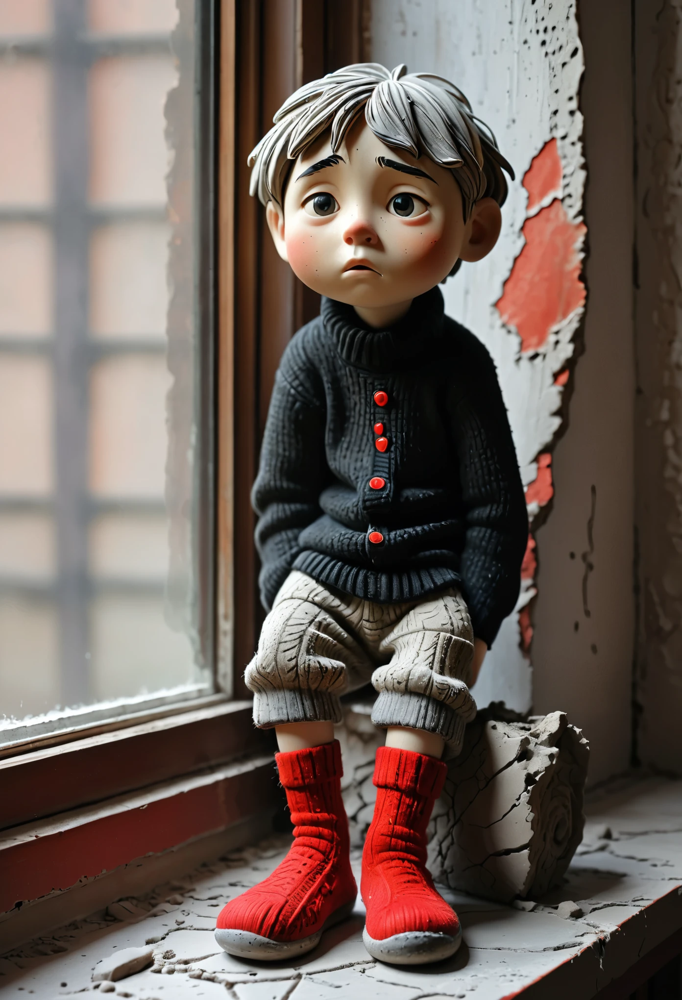 Ultra-light clay,Ceramic art,Rough surface,Old surface,Surface knitted texture carving,Dirty,Surface cracks and scratches,A sad clay boy,Standing,sock,shoe,Mineral pigments,Black and red,Rough surface,Place on the windowsill,It's raining outside
