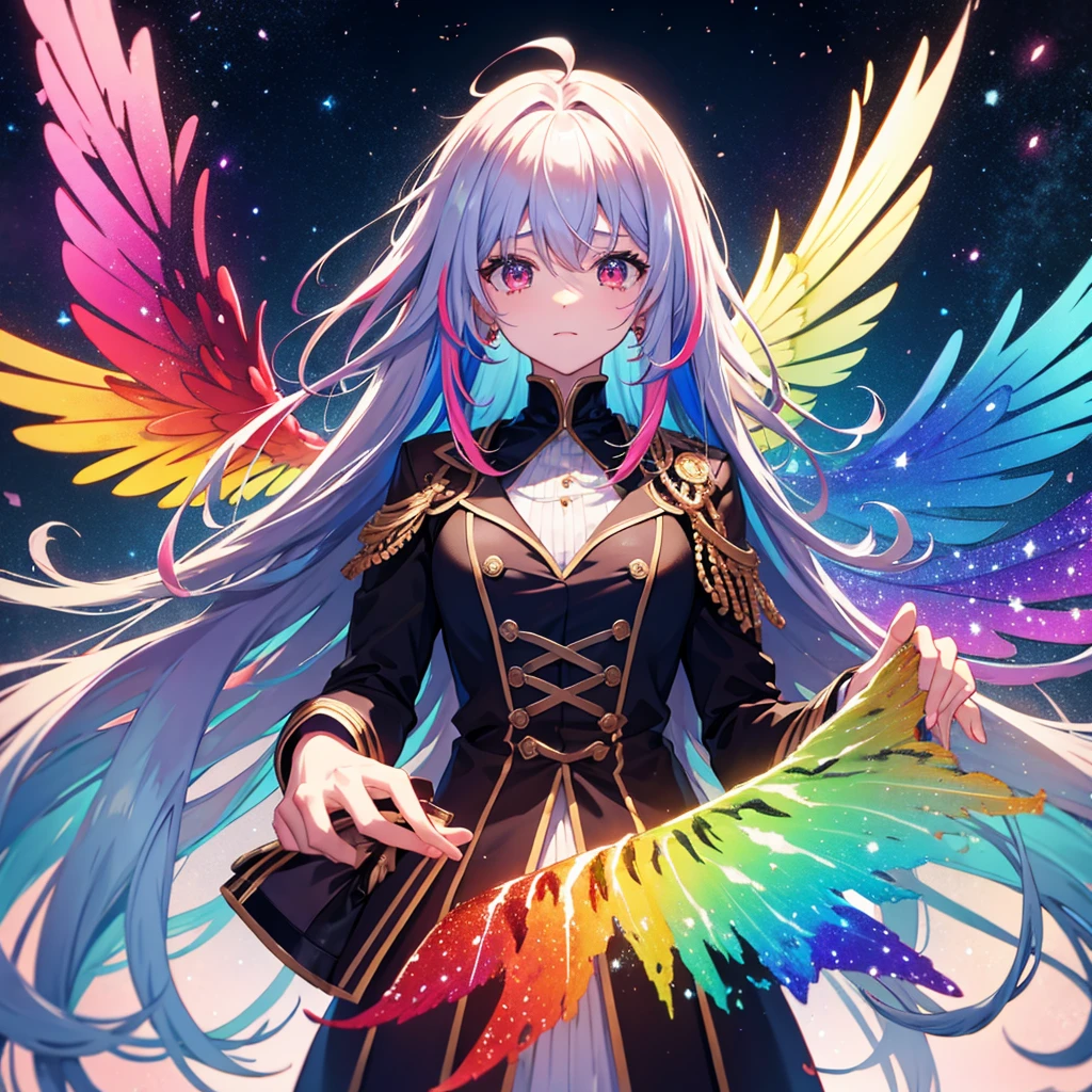 ((Fantasy Rainbow Hair Make your hair rainbow-colored on the inside Long Hair Dull red eyes Have a galaxy uniform Put on a coat without putting your arms through it Wings many times larger than me Lonely despair)) ((Tears gloves)) (Broken glass Distorted Space-Time star) Catch the wind fall Shining Background Particles of light, rainbow-colored edges