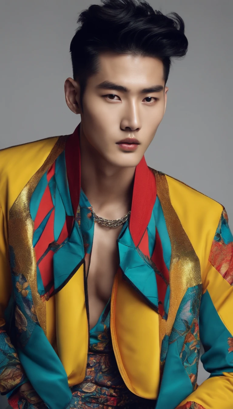 Fashion photo of Korean male model with black undercut hair, wearing colorful trend jacket sixpack exposed belly in flash cinematic style