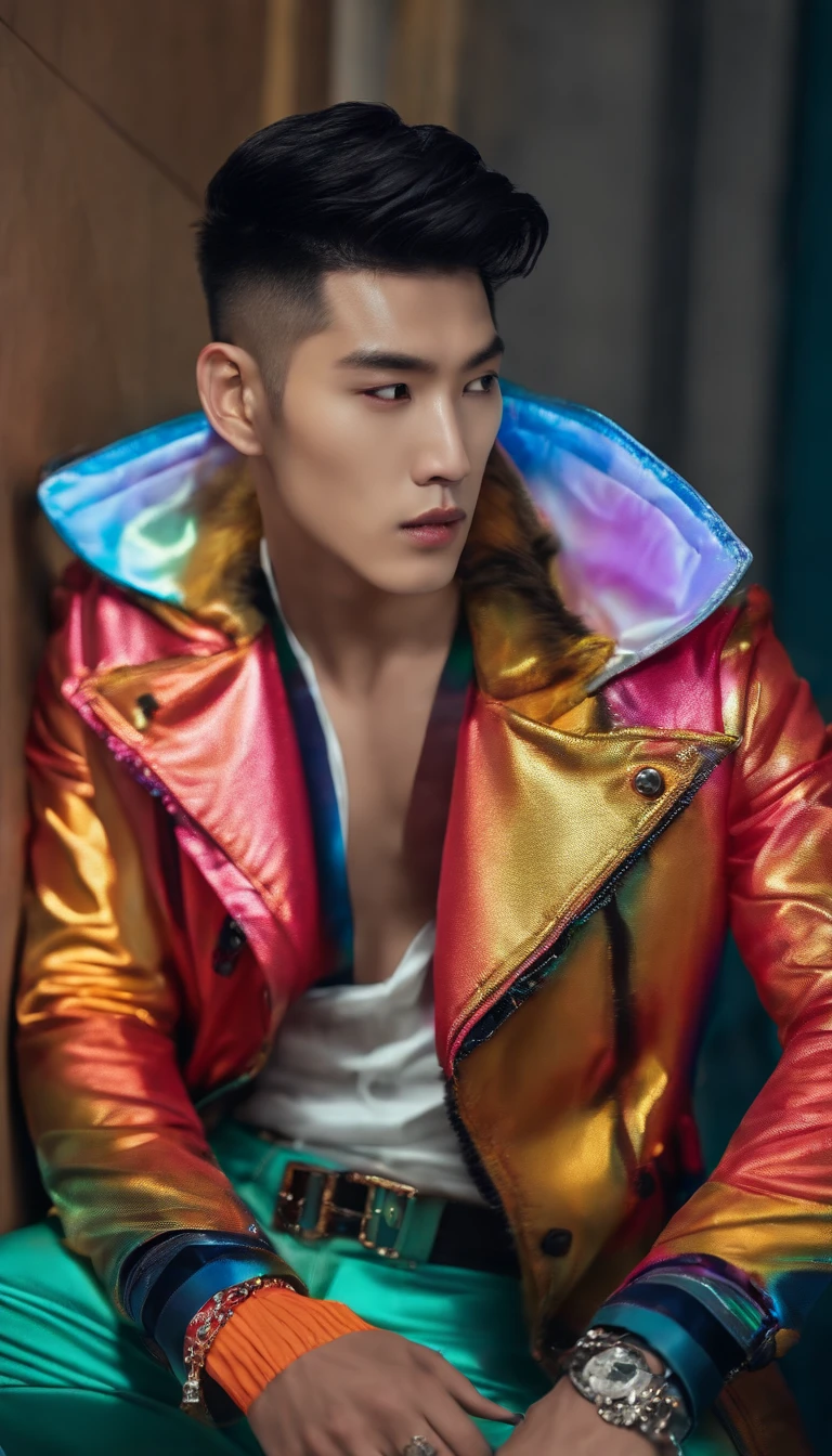 Fashion photo of Korean male model with black undercut hair, wearing colorful trend jacket sixpack exposed belly in flash cinematic style