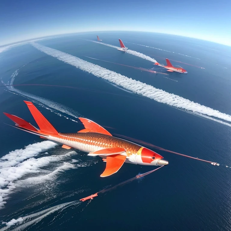 Many carp streamers fly over Japan and Japan Air Self-Defense Force fighter jets chase them