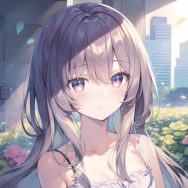 ((masterpiece, best quality))++, Detailed lighting+, Detailed hair+, Detail hand+ ,1 girl, Miss, Long hair, Deep red eyes, beautiful eyes,(Beautiful and delicate eyes), high resolution+,glass tint, Reflective eyes, {{angle}} , Very detailed wallpaper, The original, ,Sea of Flowers,Air bangs,city road,Double ponytails,Gray Hair