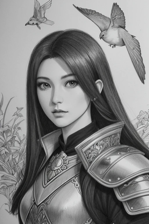 a drawing of a woman in armor with a sword and a bird, highly detailed exquisite fanart, video game fanart, pencil and ink manga drawing, portrait of a female mage, inspired by Barclay Shaw, inspired by Sakai Hōitsu, portrait of a dnd character, ink and pencil, inspired by Clyde Caldwell, inspired by Zoltan Boros