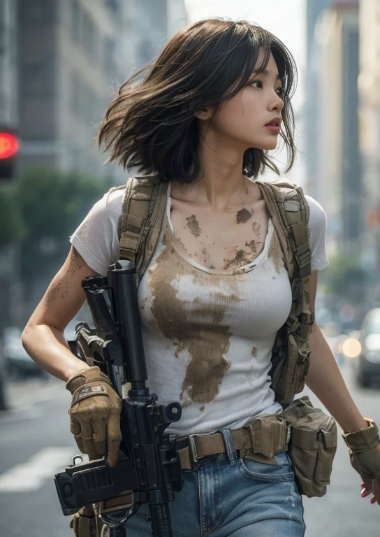 (best quality,8k,realistic photo:1.2),realistic skin texture,Japanese woman living in America,beautiful,walking in shooting position on the street,dirty shirt,jeans,sneakers,bulletproof vest,automatic rifle,short haircut,urban warfare,caught in an incident,starting counterattack,dirty,moving action pose,dramatic and bold composition,upper body,muscular,Zoom out