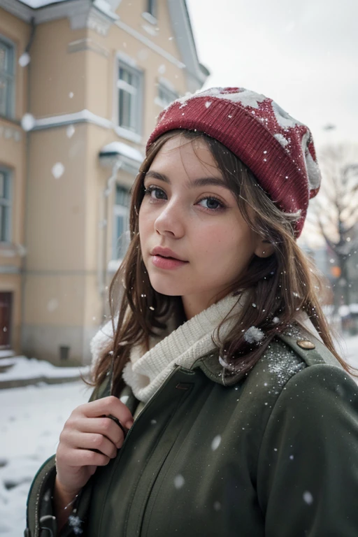 (best quality,4K,high resolution,masterpiece:1.4),Super detailed,Very detailed,sharp focus,Surreal:1.4,professional,HD images,bright colors,Bokeh,Beautiful and delicate eyes,Beautiful and delicate lips,long eyelashes,Romantic atmosphere,soft light,Contrast light and shadow,Lighting effects,high nose bridge,high nose，Yamane，young,Lively,Chubby cheeks,charming,graceful curves，Blonde hair，full，The streets of Moscow，European girl，Snowing day，Kremlin background，Wearing a red star cotton hat，Olive green military uniform