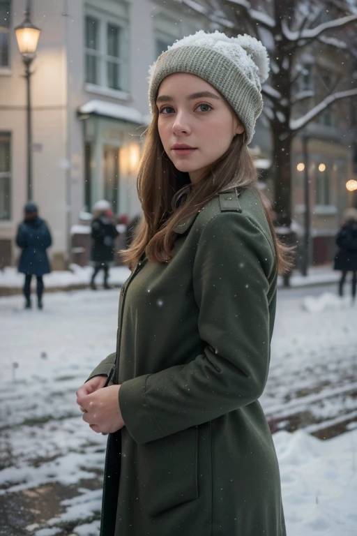 (best quality,4K,high resolution,masterpiece:1.4),Super detailed,Very detailed,sharp focus,Surreal:1.4,professional,HD images,bright colors,Bokeh,Beautiful and delicate eyes,Beautiful and delicate lips,long eyelashes,Romantic atmosphere,soft light,Contrast light and shadow,Lighting effects,high nose bridge,high nose，Yamane，young,Lively,Chubby cheeks,charming,graceful curves，Blonde hair，full，The streets of Moscow，European girl，Snowing day，Kremlin background，Wearing a red star cotton hat，Olive green military uniform