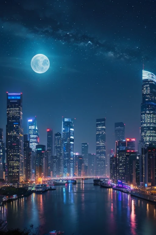 highest quality、Futuristic City、neon、Beautiful night view、colorful、Starry Sky、moon