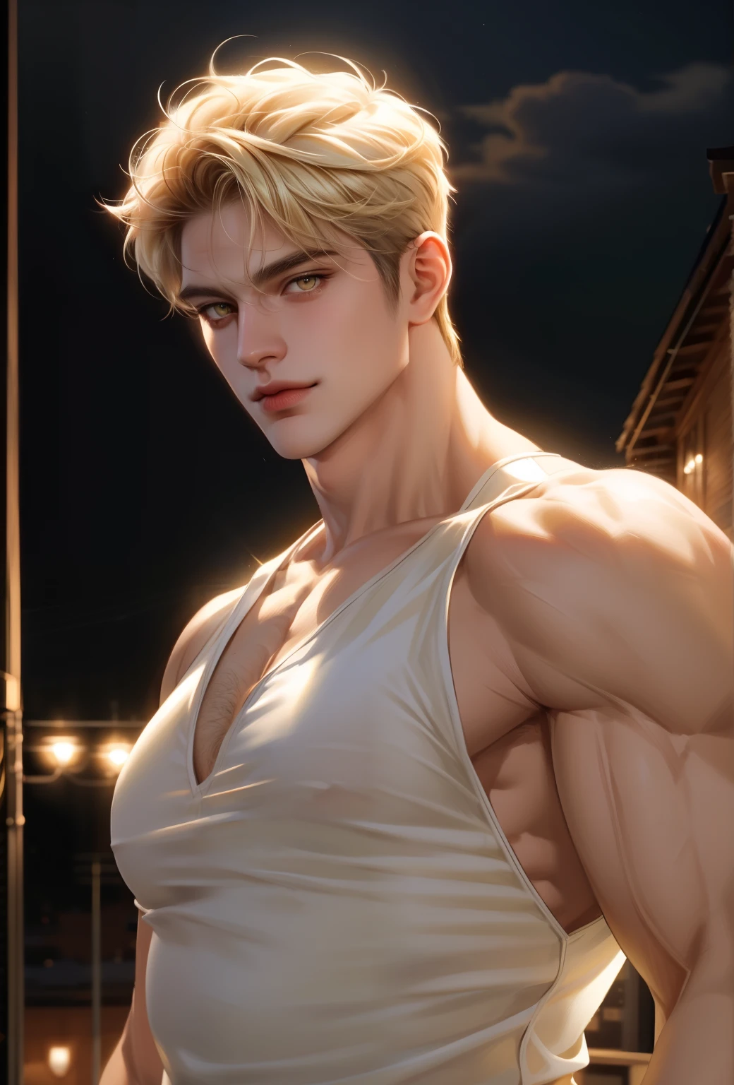 (masterpiece,best quality,ultra_detailed,highres,absurdres),1 mature male, 30-ish, (wide shoulder), (muscular), big body, male focus, solo, yellow eyes, yellow eyes color, upper body, short hair, blonde hair, looking at viewer, smile face, parted lips, round eyewear, Masterpiece, high quality, best quality, HD, realistic, perfect lighting, detailed body, 1 man, white shirt, calm expression, in the night town background,