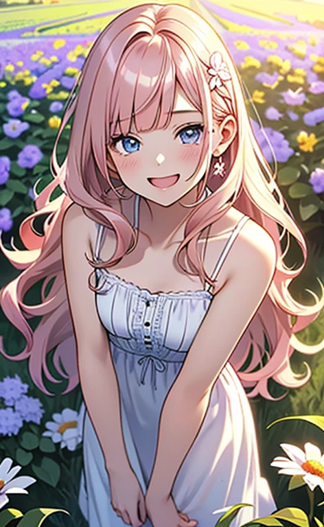 (masterpiece:1.4、top-quality、illustration:,realistic、)、(character focus、,cowboy shot:1.3)、(1girl),(very loud laugh:1.3),(),cute face,blue eyes、(tareme:1.3)、(),
(flower field:1.4),(stand:1.4)、(leaning forward:1.5),、
(pink blonde　hair),(very long hair:1.5)、
,(Flower Field:1.3、),（white camisole dress:1.5),
(blunt bangs),(,sidelocks,wavy hair:1.3), (small breasts)、
、slender、