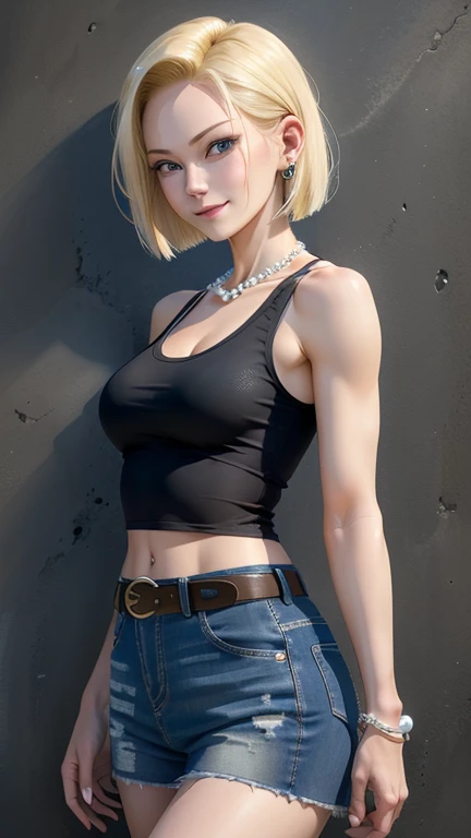 highest quality, High resolution, AND18, One Girl, Android 18, alone, blonde, blue eyes, belt, Blue Jeans, Pearl_necklace, bracelet, Black gloves, ((A tight fitting white tank top)), short hair, Short sleeve, Earrings,Jeans Mini Skirt, Open Vest, Black vest, Large Breasts, Cowboy Shot, street, (From the side),( Grassland scenery),(Live-action adaptation),(Reality Photography),,Realistically,(Realistic),Grin,(whole bodyショット),(whole body),