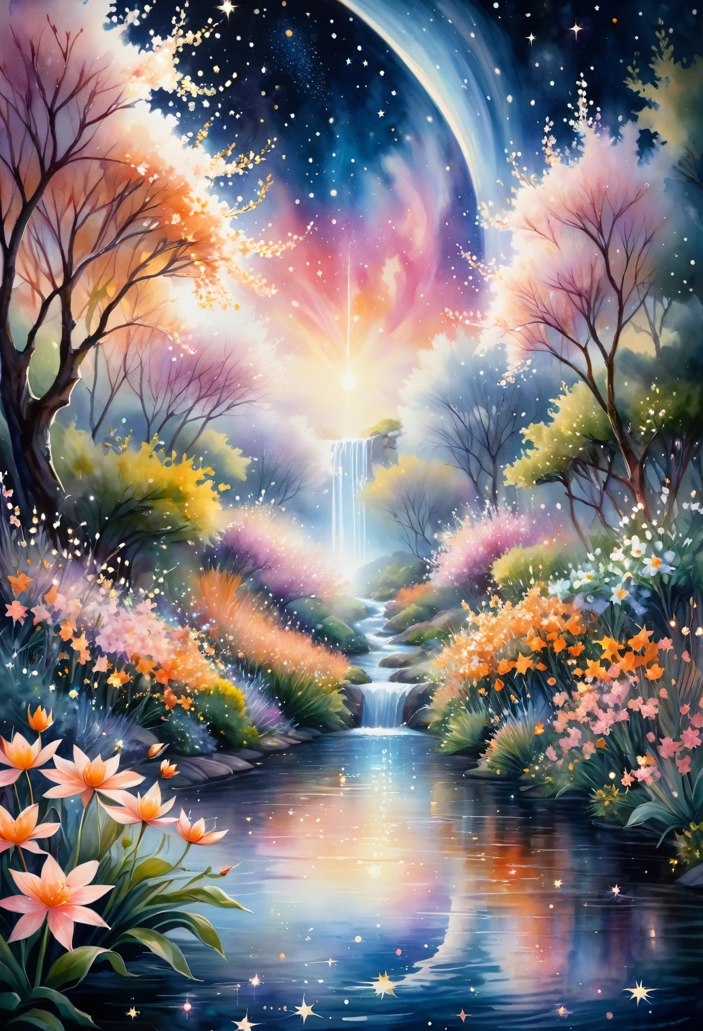 Featured artworks, A fusion of watercolor and oil painting, highest quality, Super quality, 16k, Delicate, dynamic and beautiful depiction, A Garden Blooming in Space, white, pink, orange, River of Little Stars, River of Little Stars flowing, Mysterious and developing, Space Fantasy, Curtain of light, Christian Lassen style