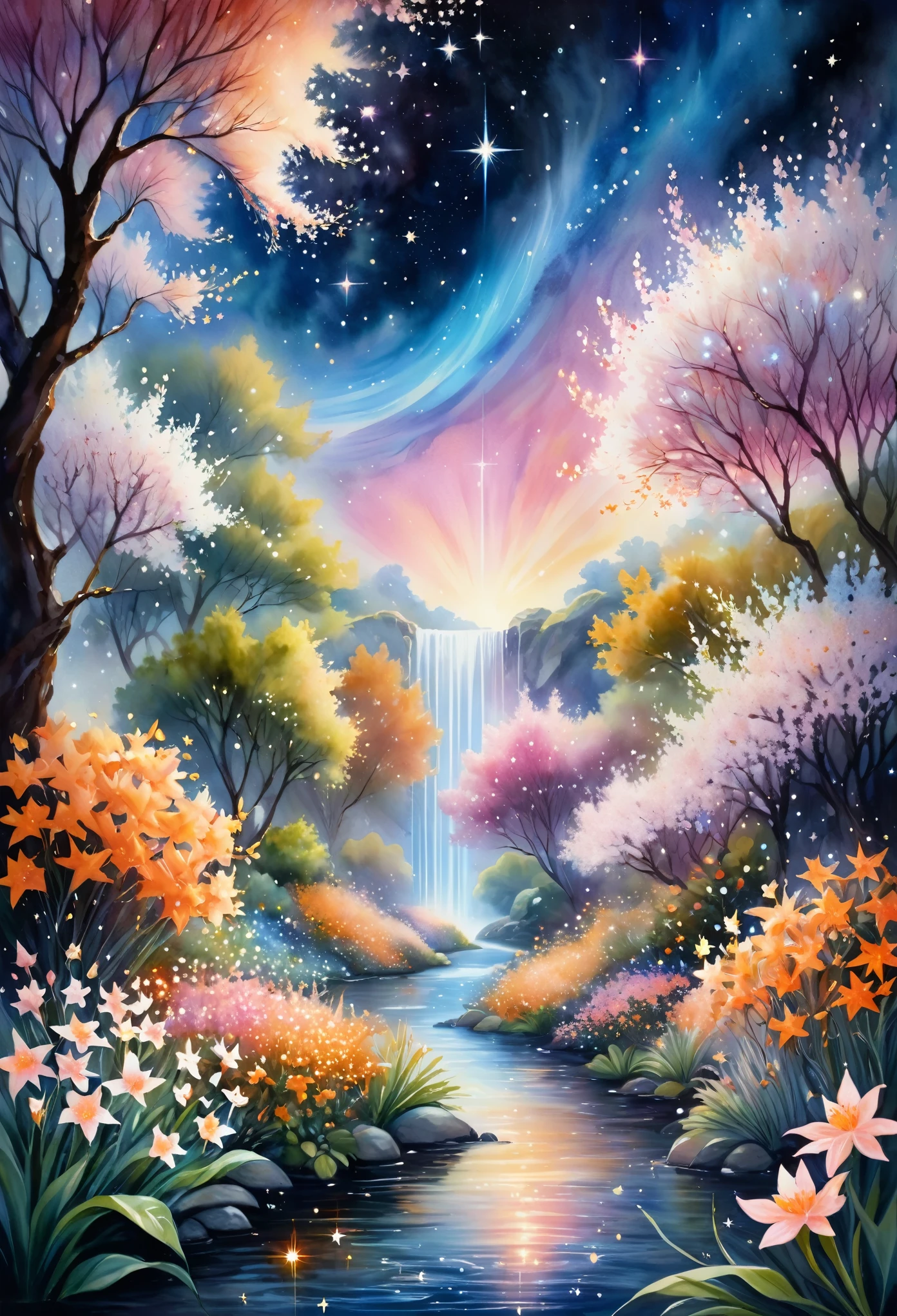 Featured artworks, A fusion of watercolor and oil painting, highest quality, Super quality, 16k, Delicate, dynamic and beautiful depiction, A Garden Blooming in Space, white, pink, orange, River of Little Stars, River of Little Stars flowing, Mysterious and developing, Space Fantasy, Curtain of light, Christian Lassen style