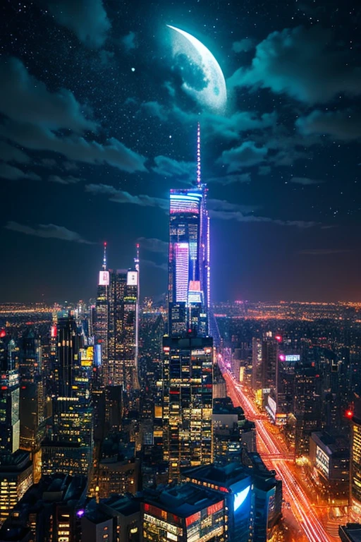 highest quality、Futuristic City、neon、Beautiful night view、colorful、Starry Sky、moon