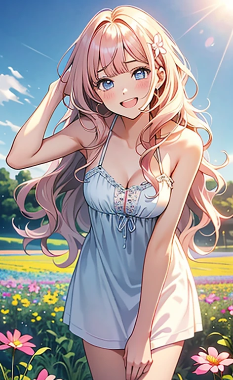 (masterpiece:1.4、top-quality、illustration:,realistic、)、(character focus、,cowboy shot:1.3)、(1girl),(very loud laugh:1.3),(),cute face,blue eyes、(tareme:1.3)、(),
(flower field:1.4),(stand:1.4)、(leaning forward:1.5),、
(pink blonde hair),(very long hair:1.5)、
,(Flower Field:1.3、),(white camisole dress:1.5),
(blunt bangs),(,sidelocks,wavy hair:1.3), (medium breasts)、
、slender、