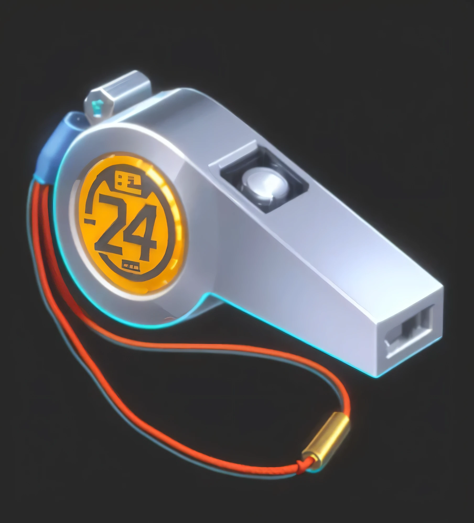 Close-up of a whistle tied with a red string, video game item, Object Art, very stylized, 3d icons for mobile games, tf2, 特Task Force 2 maps. Task Force 2, silver monocle, portal game 9 4 4 9 9 valve, artistic, Rendering Art, author:Ben Zoeller, Game Icon Assets, Cyberpunk accessories