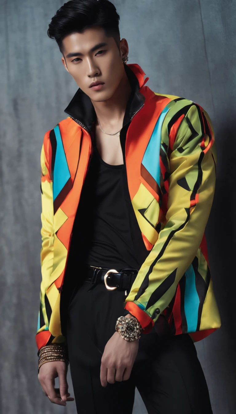 Fashion photo of Korean male model with black undercut hair, Muscular body, wearing colorful trend jacket sixpack exposed belly in flash cinematic style