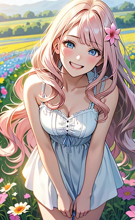 (masterpiece:1.4、top-quality、illustration:,realistic、)、(character focus、,cowboy shot:1.3)、(1girl),(very loud laugh:1.3),(),cute face,blue eyes、(tareme:1.3)、(),
(flower field:1.4),(stand:1.4)、(leaning forward:1.5),、
(pink blonde hair),(very long hair:1.5)、
,(Flower Field:1.3、),(white camisole dress:1.5),
(blunt bangs),(,sidelocks,wavy hair:1.3), (medium breasts)、
、slender、