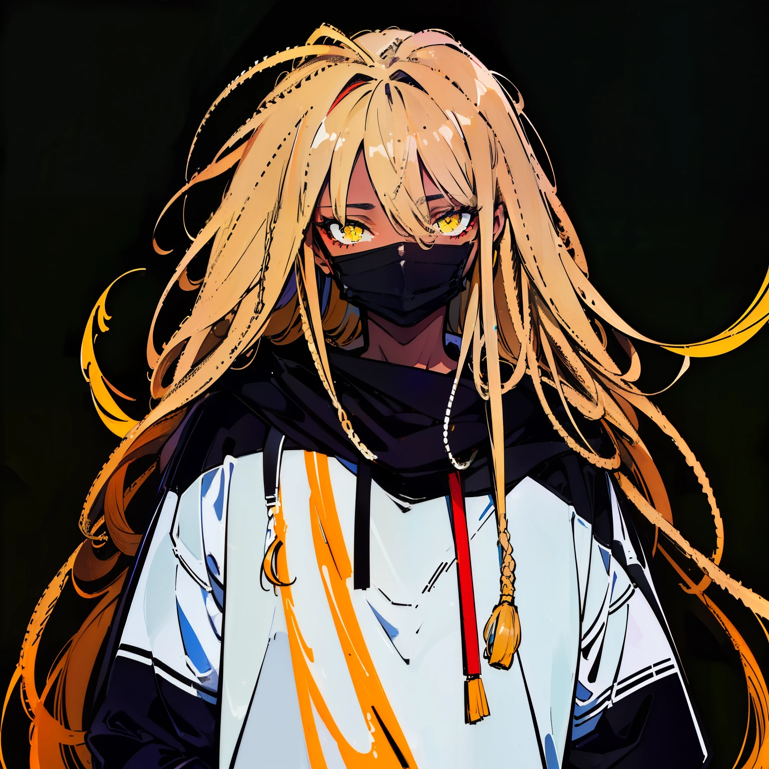 (best quality,highres:1.2),ultra-detailed,realistic:1.37,a young 25-year-old afro and dark-skinned male face with long dreadlocks wearing a mask over his mouth and blindfold on eyes, musical symbols surrounding him,illustration,portrait,hazy lighting,vibrant colors just his head