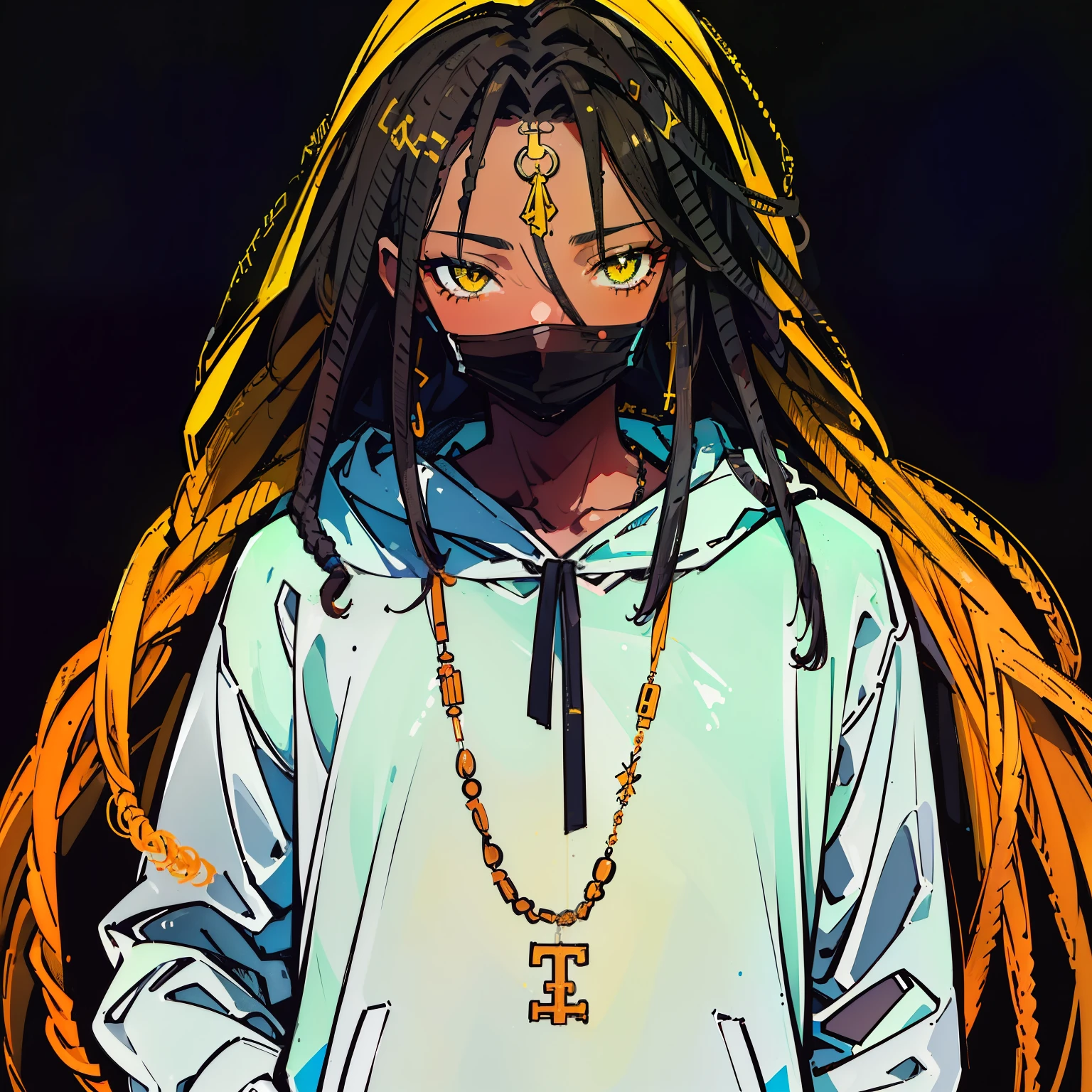 (best quality,highres:1.2),ultra-detailed,realistic:1.37,a young 25-year-old afro and dark-skinned male face with long dreadlocks wearing a mask over his mouth and blindfold on eyes, musical symbols surrounding him,illustration,portrait,hazy lighting,vibrant colors just his head