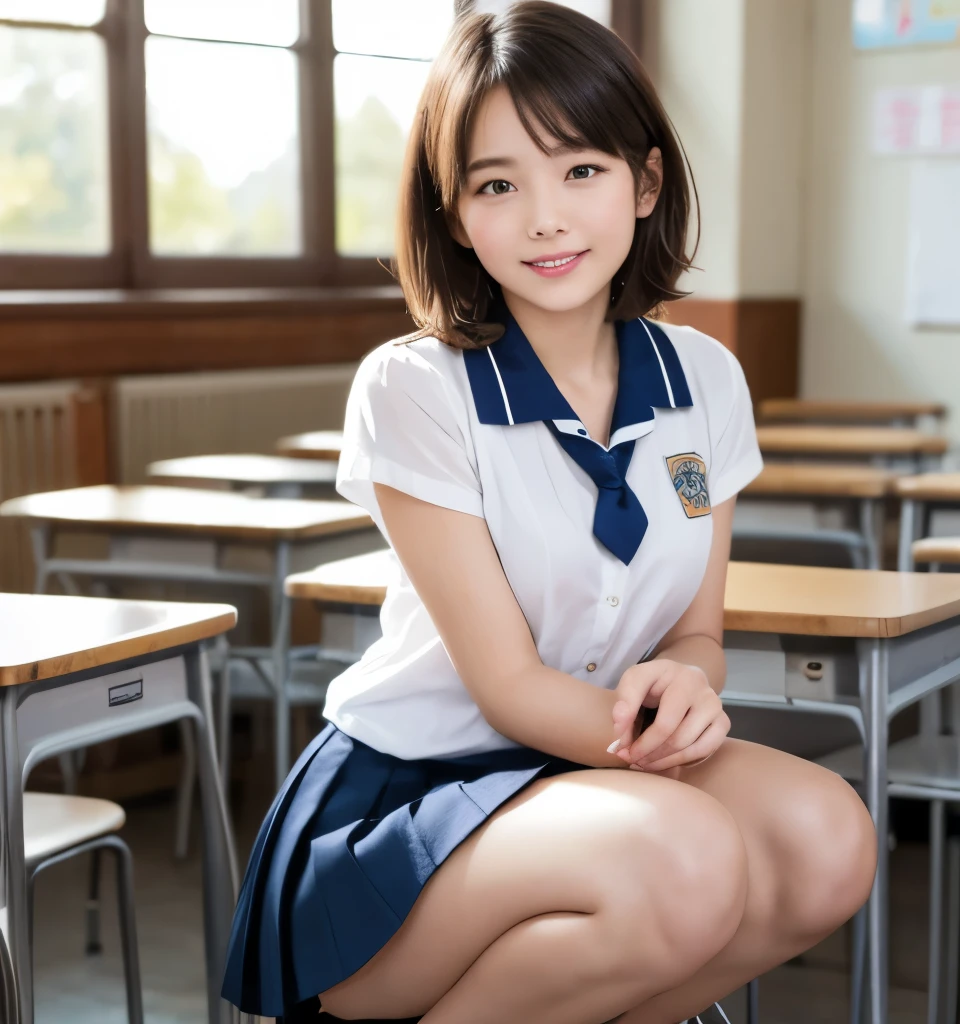 highest quality、Ultra-high resolution、8k、masterpiece、Clear photos、Sharp focus、Delicate and beautiful 、Very cute school girl、thin、very short navy pleated skirt、mini skirt:1.8、Very short bob hair、Brown Hair、smile、Squatting with legs apart facing the camera:1.6、In the school classroom、Beautiful feet、Showing off her lacy white underwear:1.8