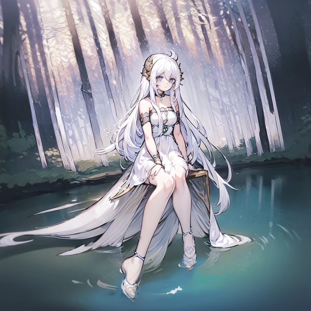 1 girl, white long hair, blue eyes, sitting in a creek, beautiful face, dragonian_head, dragonian_body, dragonian_hairstyle, dragonian_horns, dragonian_tail, white long dress, black choker, silver circlet, creek, forest