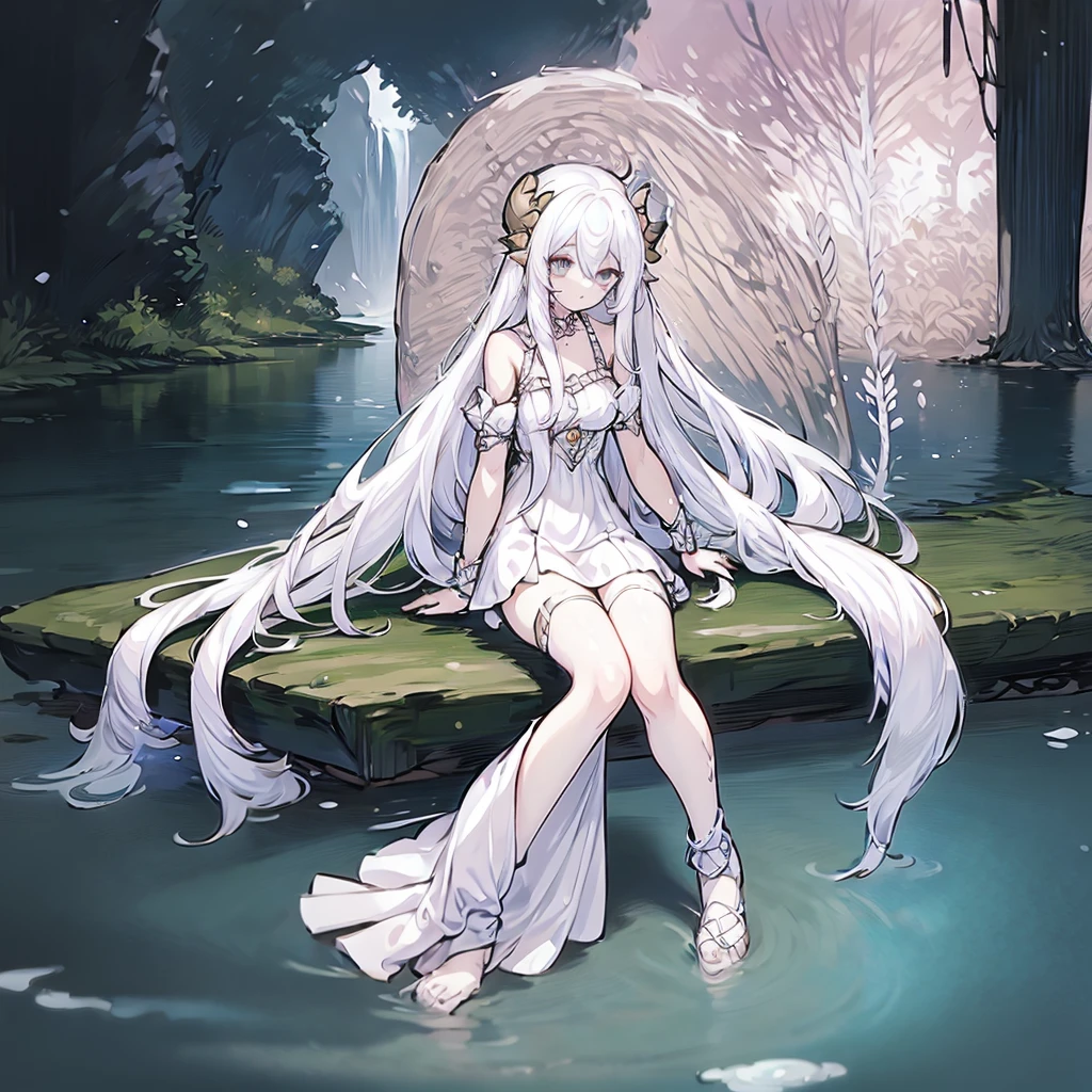 1 girl, white long hair, blue eyes, sitting in a creek, beautiful face, dragonian_head, dragonian_body, dragonian_hairstyle, dragonian_horns, dragonian_tail, white long dress, black choker, silver circlet, creek, forest