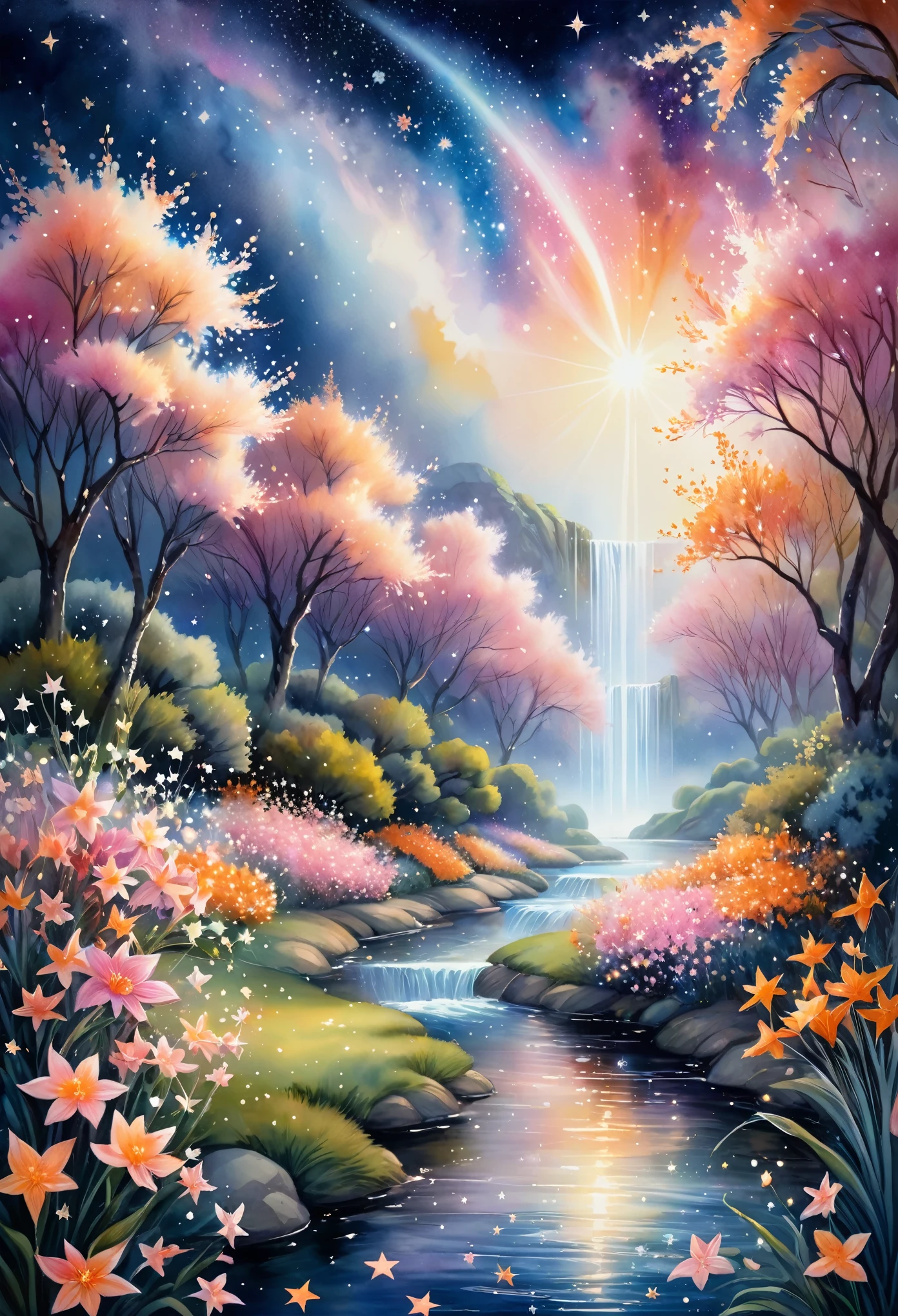 Featured artworks, A fusion of watercolor and oil painting, highest quality, Super quality, 16k, Delicate, dynamic and beautiful depiction, A Garden Blooming in Space, white, pink, orange, River of Little Stars, River of Little Stars flowing, Mysterious and developing, Space Fantasy, Curtain of light, Christian Lassen style