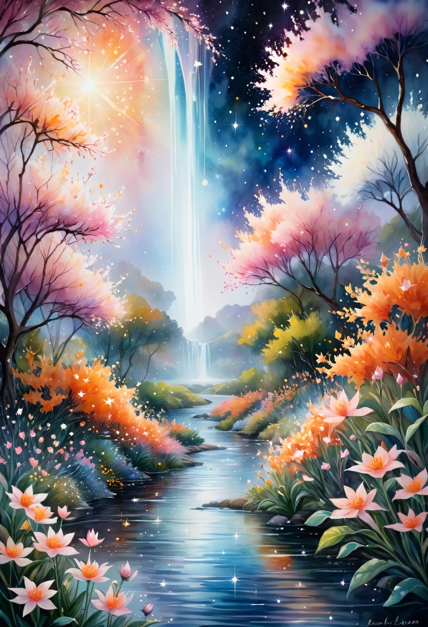 Featured artworks, A fusion of watercolor and oil painting, highest quality, Super quality, 16k, Delicate, dynamic and beautiful depiction, A Garden Blooming in Space, white, pink, orange, River of Little Stars, River of Little Stars flowing, Mysterious and developing, Space Fantasy, Curtain of light, Christian Lassen style