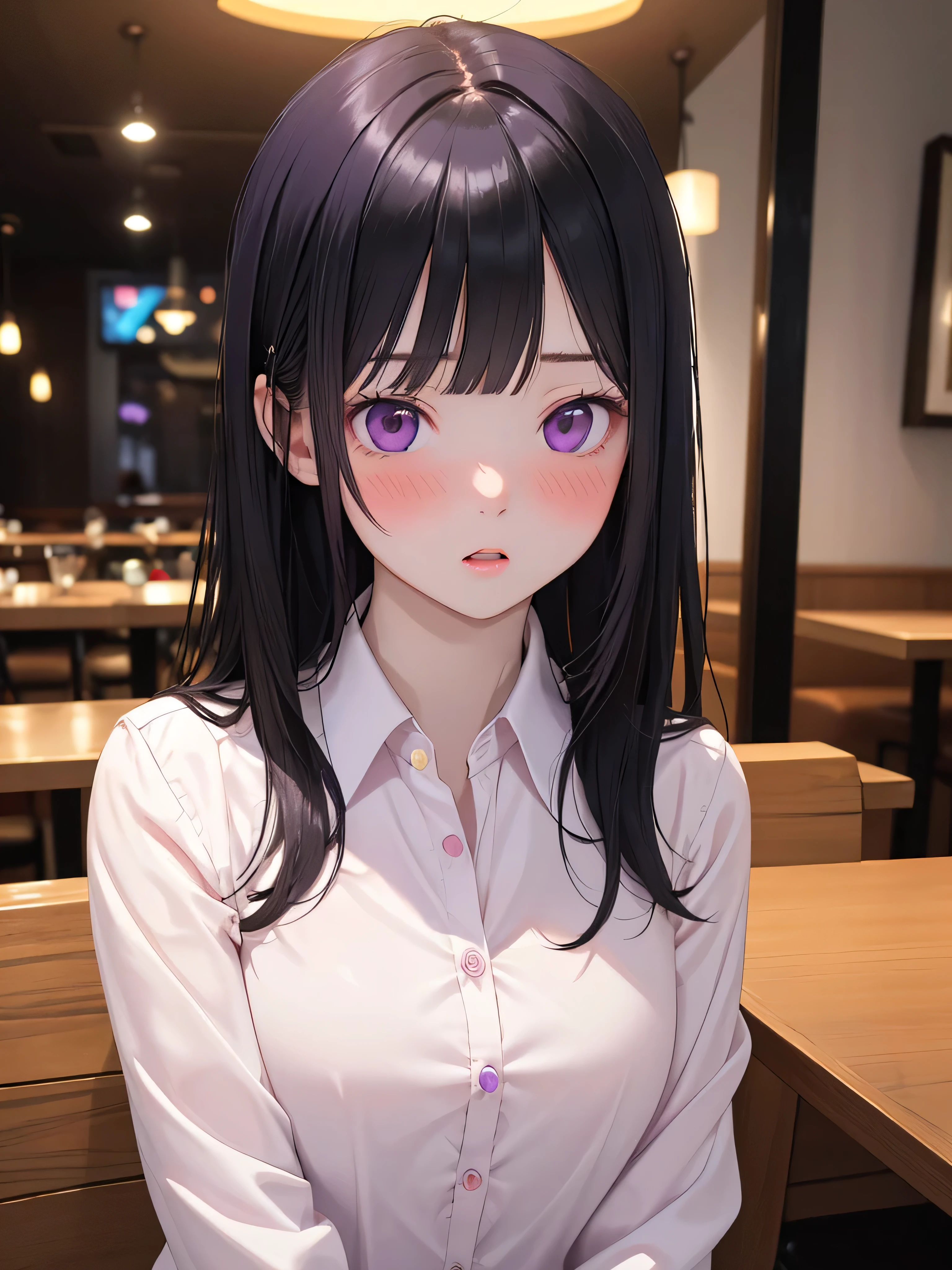 Beer , Upper Body, Realistic, Real person, (Pale skin: 1.2), (RAW Photos:1.5), Realistic, Shiny skin, Shiny Hair、(bangs)25 year old woman with straight hair) and (Medium Hair) and (Black Hair) and (Purple eyes) , (suit) and (White collared shirt), (Confused, blush:1.3), Open your mouth, The background is the interior of a restaurant at night..、alone、Sitting