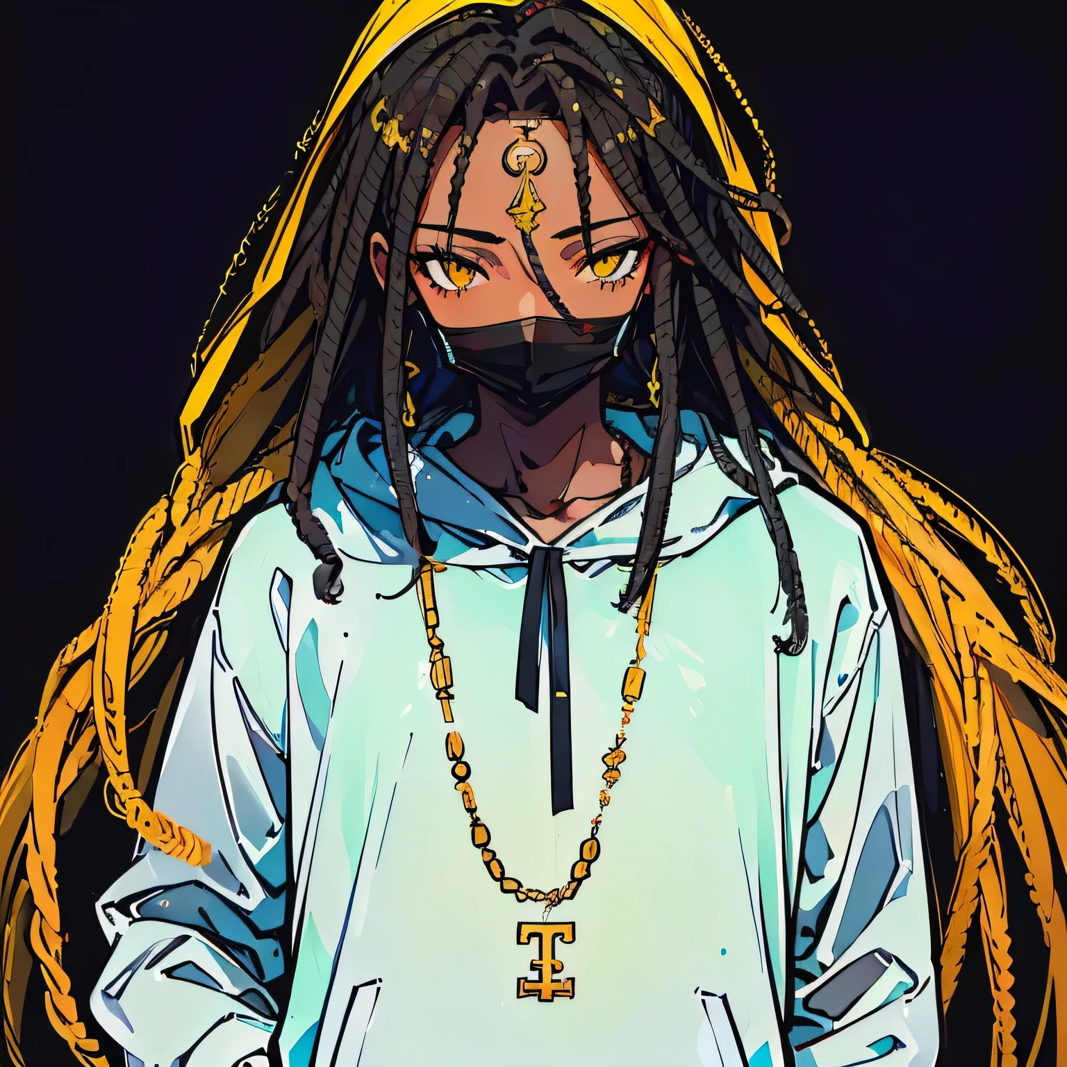 (best quality,highres:1.2),ultra-detailed,realistic:1.37,a young 25-year-old afro and dark-skinned male face with long dreadlocks wearing a mask over his mouth and blindfold on eyes, musical symbols surrounding him,illustration,portrait,hazy lighting,vibrant colors just his head