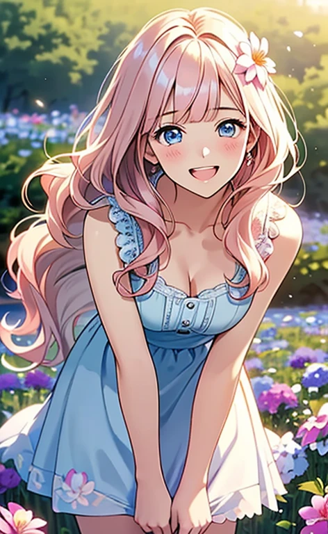 (masterpiece:1.4、top-quality、illustration:,realistic、)、(character focus、,cowboy shot:1.3)、(1girl),(very loud laugh:1.3),(),cute face,blue eyes、(tareme:1.3)、(),
(flower field:1.4),(stand:1.4)、(leaning forward:1.5),、
(pink blonde hair),(very long hair:1.5)、
,(Flower Field:1.3、),(white camisole dress:1.5),
(blunt bangs),(,sidelocks,wavy hair:1.3), (medium breasts)、
、slender、