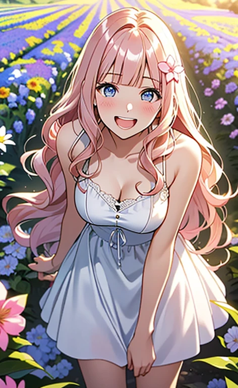 (masterpiece:1.4、top-quality、illustration:,realistic、)、(character focus、,cowboy shot:1.3)、(1girl),(very loud laugh:1.3),(),cute face,blue eyes、(tareme:1.3)、(),
(flower field:1.4),(stand:1.4)、(leaning forward:1.5),、
(pink blonde hair),(very long hair:1.5)、
,(Flower Field:1.3、),(white camisole dress:1.5),
(blunt bangs),(,sidelocks,wavy hair:1.3), (medium breasts)、
、slender、