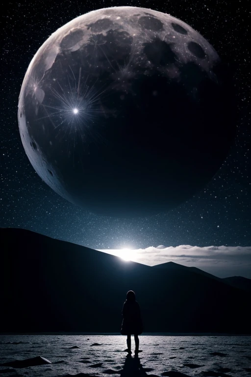 highest quality,Big moon and shadow,A silhouette of a person can be seen against the backdrop of a large moon.,There is one full moon,There is a mood,Beautiful scenery,Starry Sky