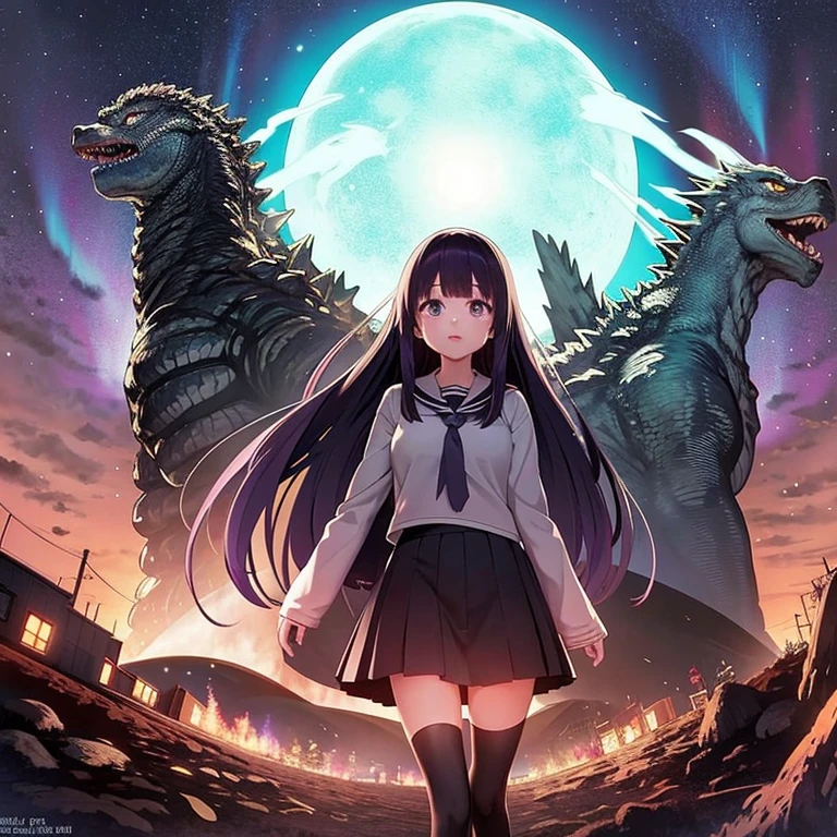 Goose egg in the center,Godzilla,Ai Fukuhara,Purple long hair,Aurora