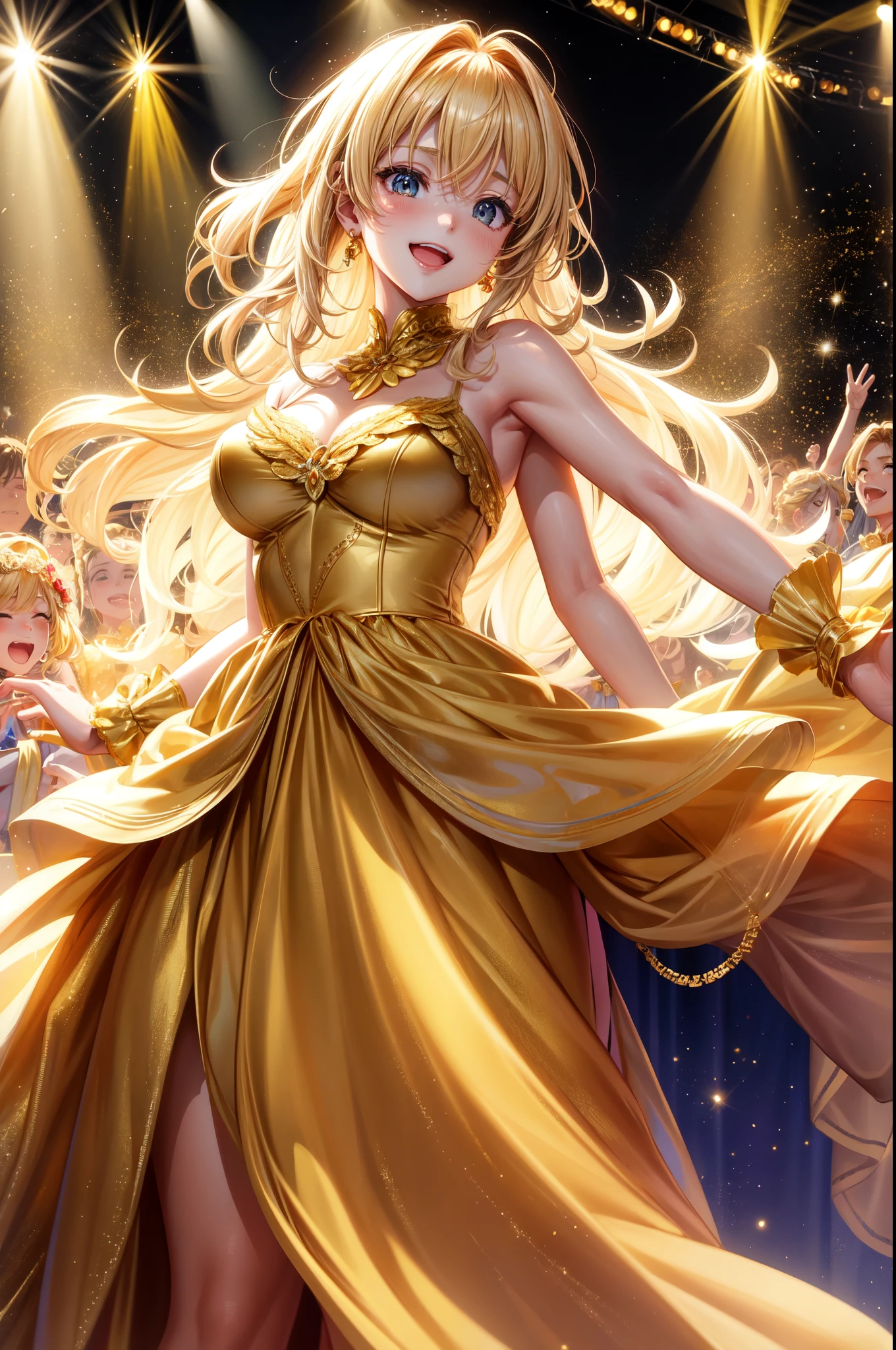 Anime, 1 girl, 35 years old, Medium blonde hair with golden highlights, Medium breasts accented by a form-fitting idol costume adorned with golden ruffles, A radiant smile gracing her face, Beautiful delicate features accentuated by the stage's spotlight, Standing confidently on the Dance stage, Surrounded by an enraptured audience, Sparkling and shining under the brilliant stage lights, The penlight in the hand of an excited spectator casting a warm, yellow glow upon her face.